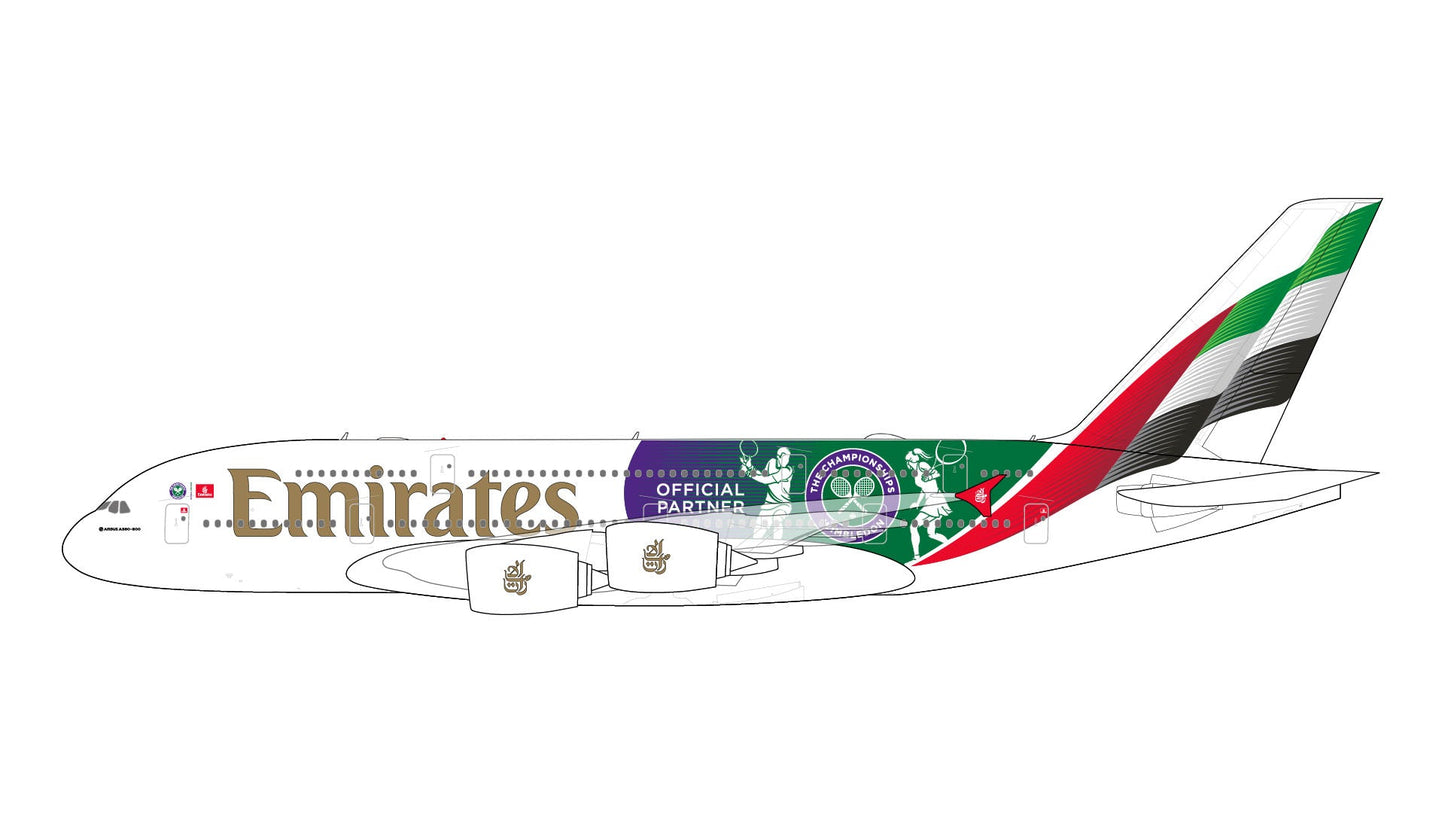 Gemini Jets GJUAE2283 1:400 Emirates Airbus A380 A6 - EOE “Wimbledon Official Partner”
