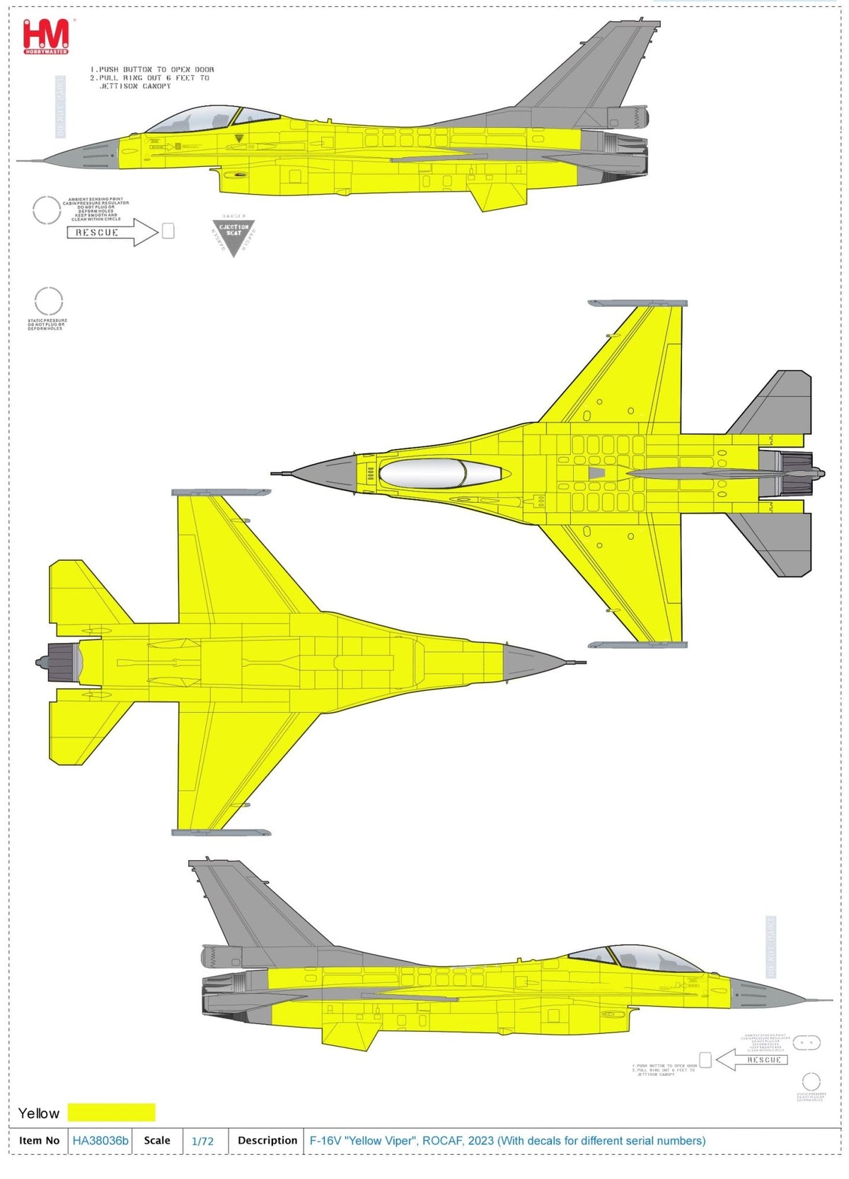 Hobby Master HA38036B 1:72 F - 16V F - 16V "Yellow Viper" ROCAF, 2023 (with decals for different airplanes)