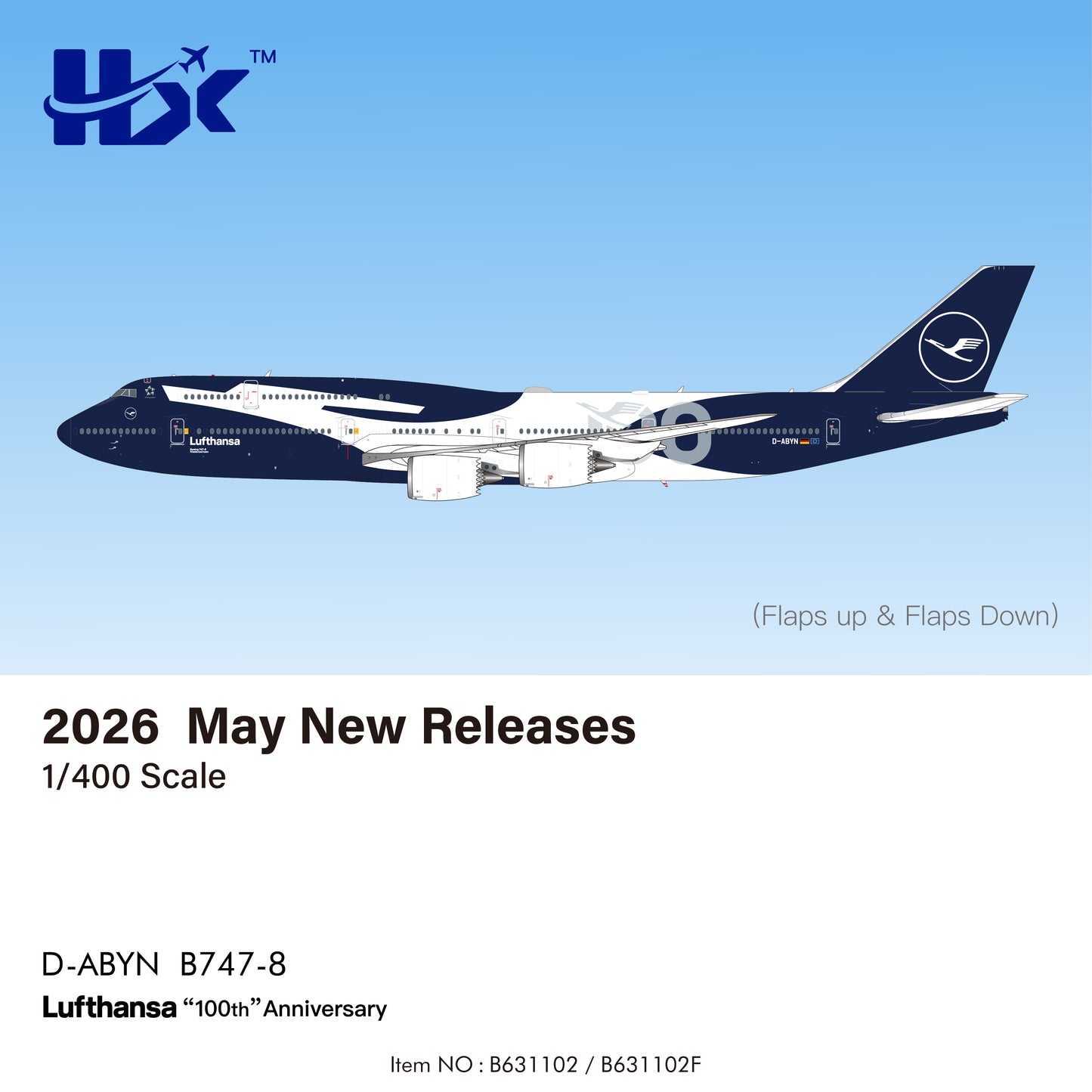 Pre-Order HX Models B631102F 1:400 Lufthansa B747-8 D-ABYN “100th”Anniversary "Flaps Down"