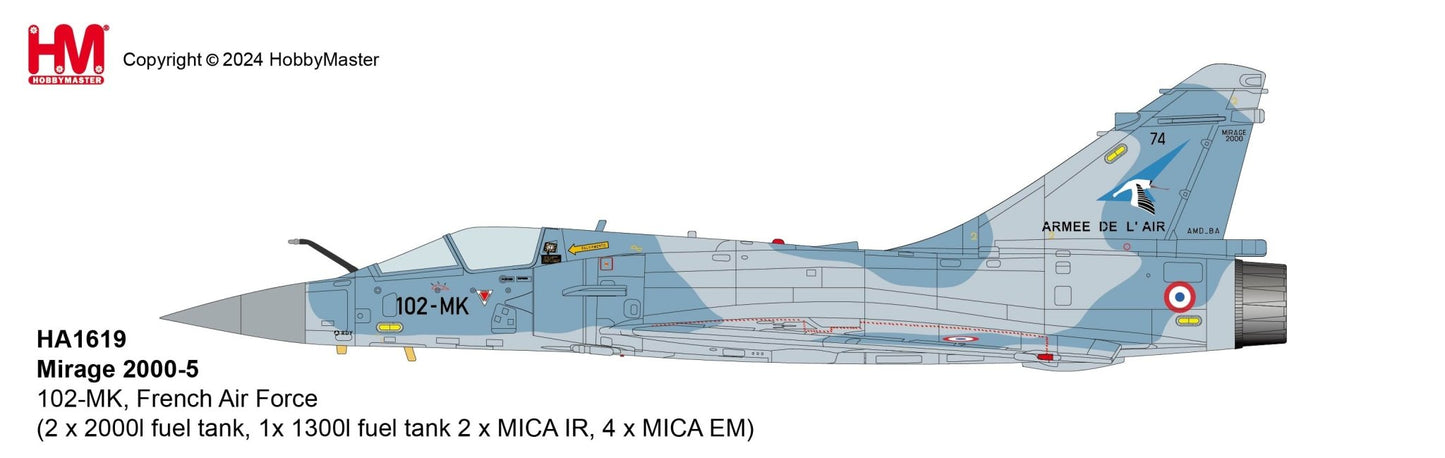 Pre - Order Hobby Master HA1619 1:72 Mirage 2000 - 5 102 - MK, French Air Force (2 x 2000l fuel tank, 1x 1300l fuel tank 2 x MICA IR, 4 x MICA EM)