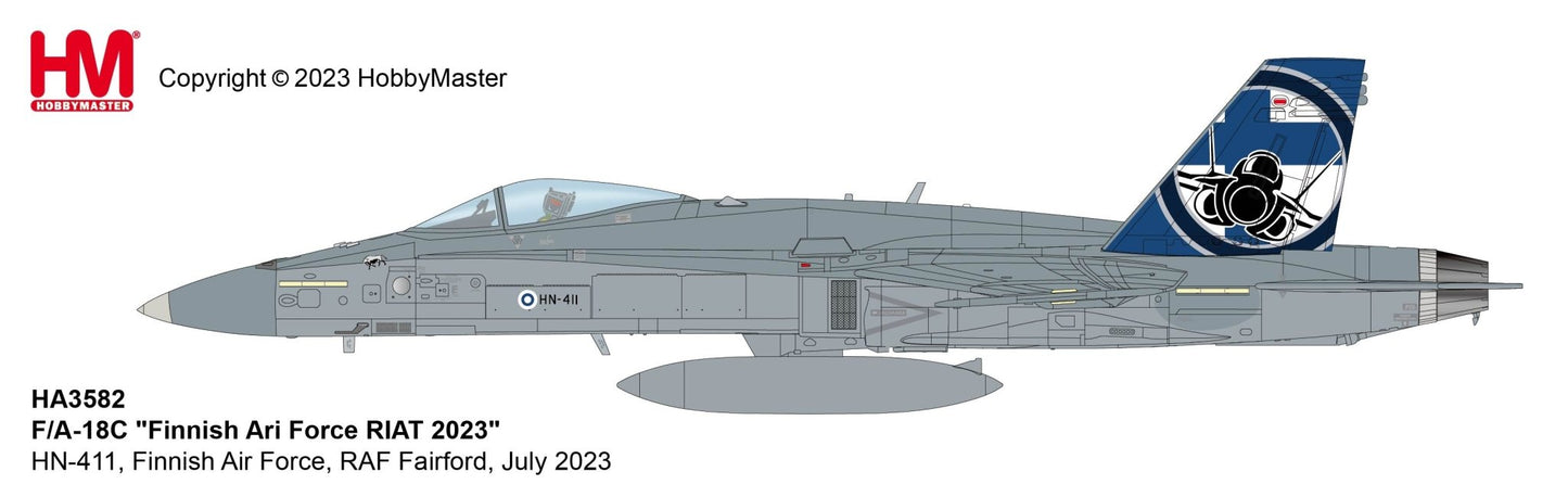 Pre - Order Hobby Master HA3582 1:72 F/A - 18C "Finnish Ari Force RIAT 2023" HN - 411, Finnish Air Force, RAF Fairford, July 2023F/A - 18C "Finnish Ari Force RIAT 2023" HN - 411, Finnish Air Force, RAF Fairford, July 2023