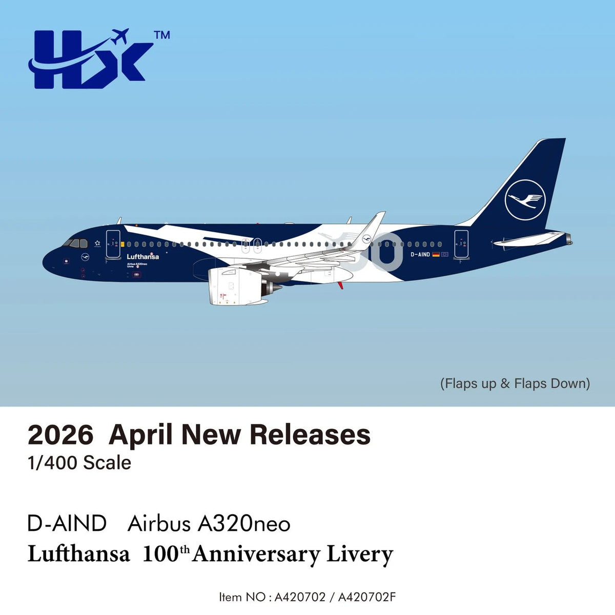 Pre - Order HX Models A420702F 1:400 Lufthansa A320NEO D - AIND "100 Years" "Flaps Down"