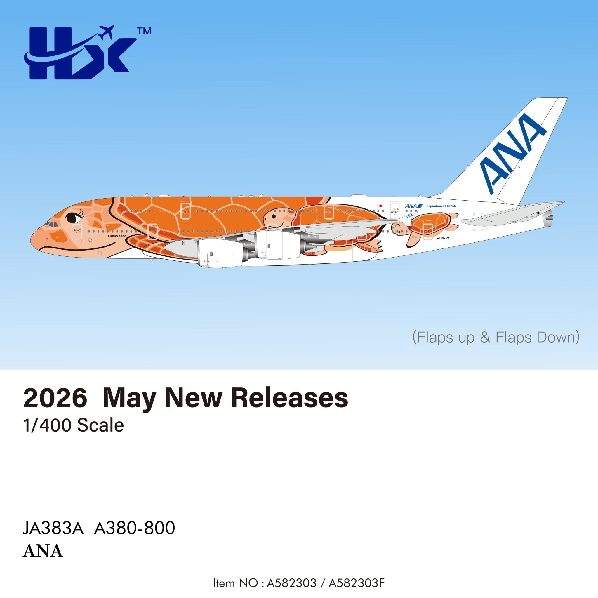 HX Models A582303F 1:400 ANA A380 JA383A Orange Turtle Flaps Down