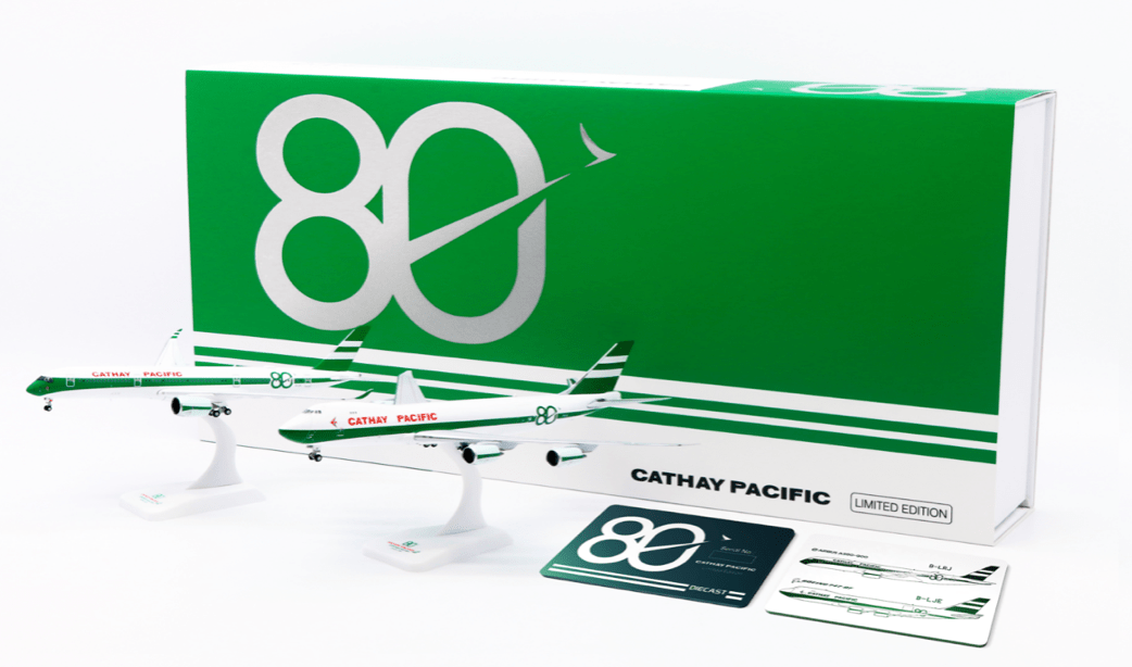 Pre - Order JC Wings SA4124S 1:400 Cathay Pacific "80th Anniversary" A350 - 900XWB & B747 - 8F Twin Set Reg: B - LRJ, B - LJE With Deluxe Box, Metal Limited Card and Stands