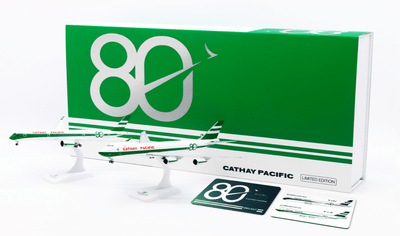 Pre - Order JC Wings SA4124S 1:400 Cathay Pacific "80th Anniversary" A350 - 900XWB & B747 - 8F Twin Set Reg: B - LRJ, B - LJE With Deluxe Box, Metal Limited Card and Stands