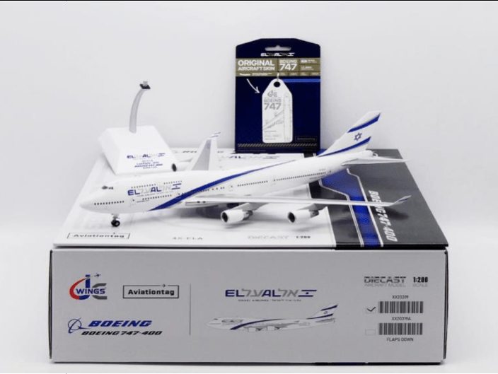 Pre - Order JC Wings XX20319A 1:200 El Al Israel Airlines Boeing 747 - 400 Reg: 4X - ELA "Flaps Down" + Limited Edition Aviationtag