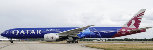 Pre - Order JC Wings XX20819A 1:200 Qatar Airways Boeing 777 - 300ER "UEFA Champions League" Reg: A7 - BED "Flaps Down"