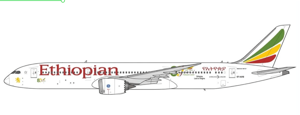 Pre - Order JC Wings XX40807A 1:400 Ethiopian Airlines Boeing 787 - 9 Dreamliner "80 Years" Reg: ET - AXS "Flaps Down"