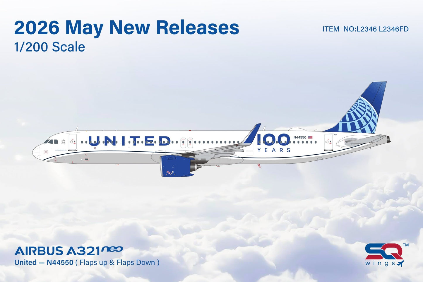 Pre - Order SQ Wings L2346FD 1:200 United Airlines A321 N44550 "Flaps Down"
