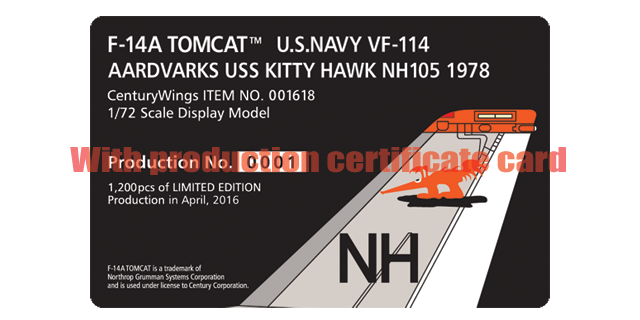Century Wings 001618 1:72 F-14A Tomcat US Navy VF-114 Aardvarks USS Kitty Hawk NH105 1978