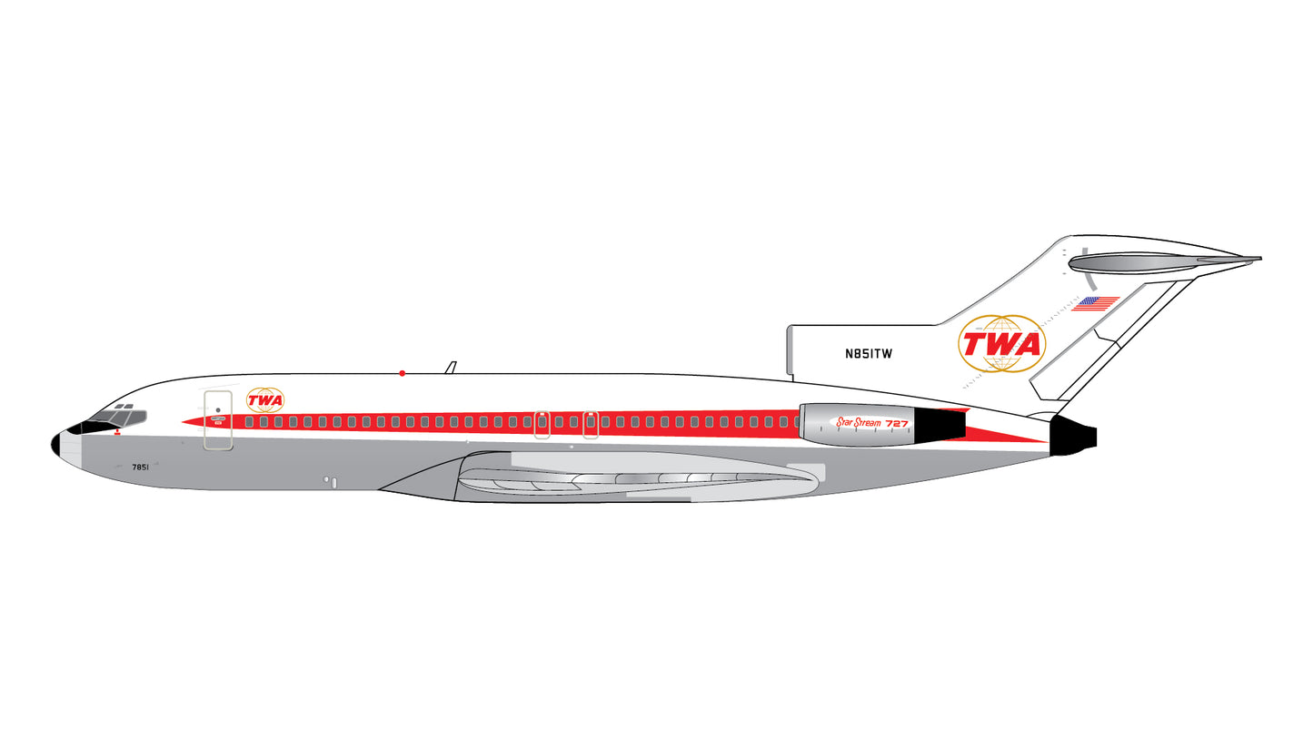 Pre-Order Gemini Jets GJTWA2353 1:400 Trans World Airlines (TWA) B727-100 N851TW (“twin globes” livery; polished)