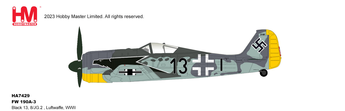 Pre-Order Hobby Master HA7429 1:48 FW 190A-3 Black 13, 8/JG.2 , Luftwaffe, WWII