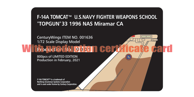 Century Wings 001636 1:72 F - 14A TOMCAT US NAVY FIGHTER WEAPONS SCHOOL "TOPGUN"33 1996 NAS Miramar CA
