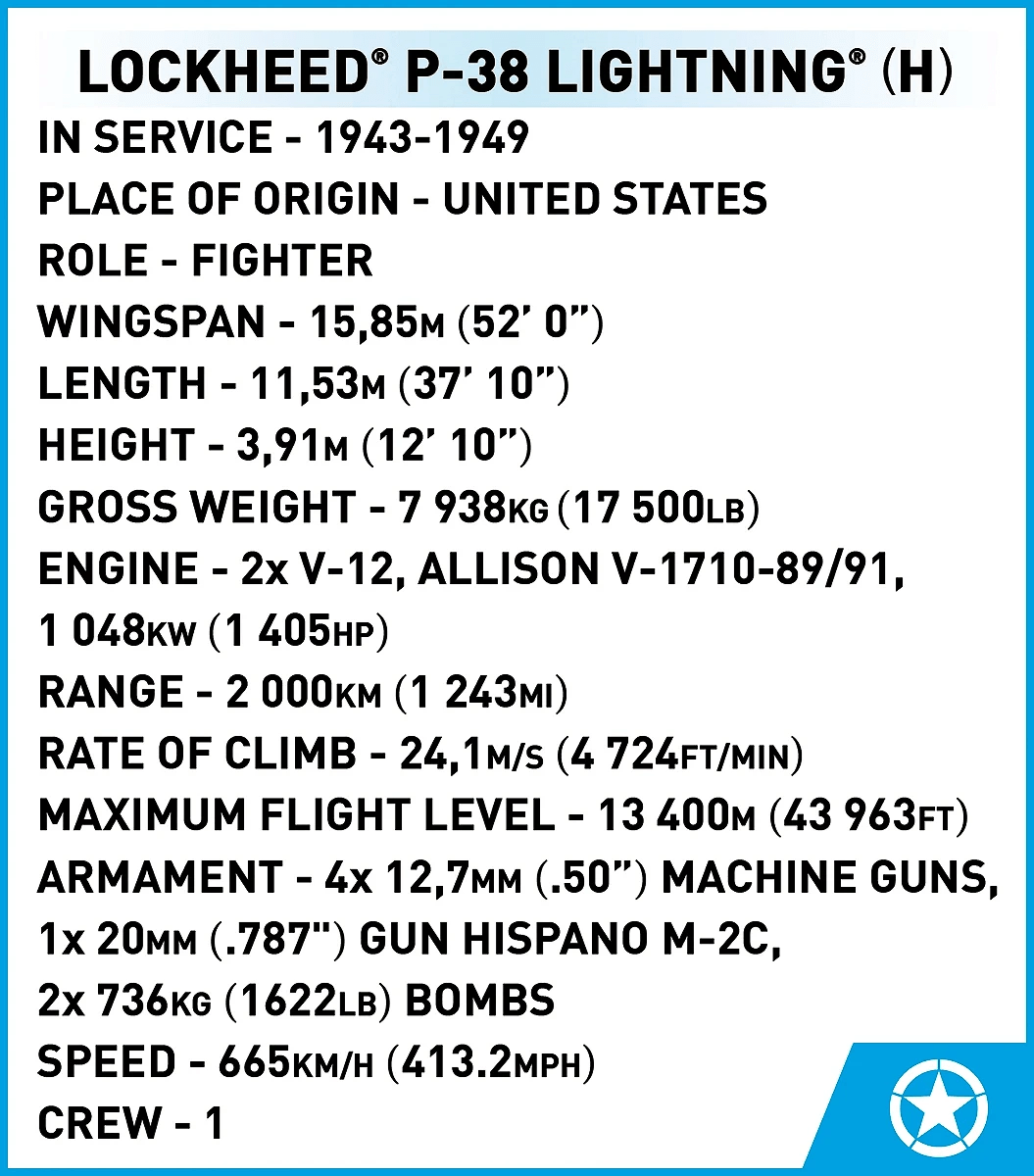 Cobi 5763 1:32 Lockheed P - 38H Lightning