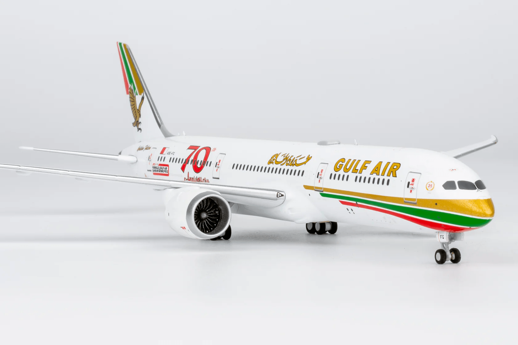 NG Models 55157 1:400 Gulf Air 787 - 9 Dreamliner A9C - FG (1976 retro cs, "70 Years" sticker)