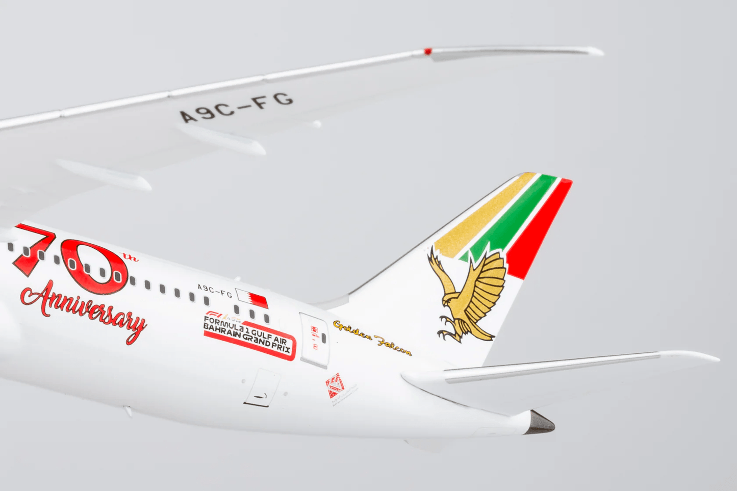 NG Models 55157 1:400 Gulf Air 787 - 9 Dreamliner A9C - FG (1976 retro cs, "70 Years" sticker)