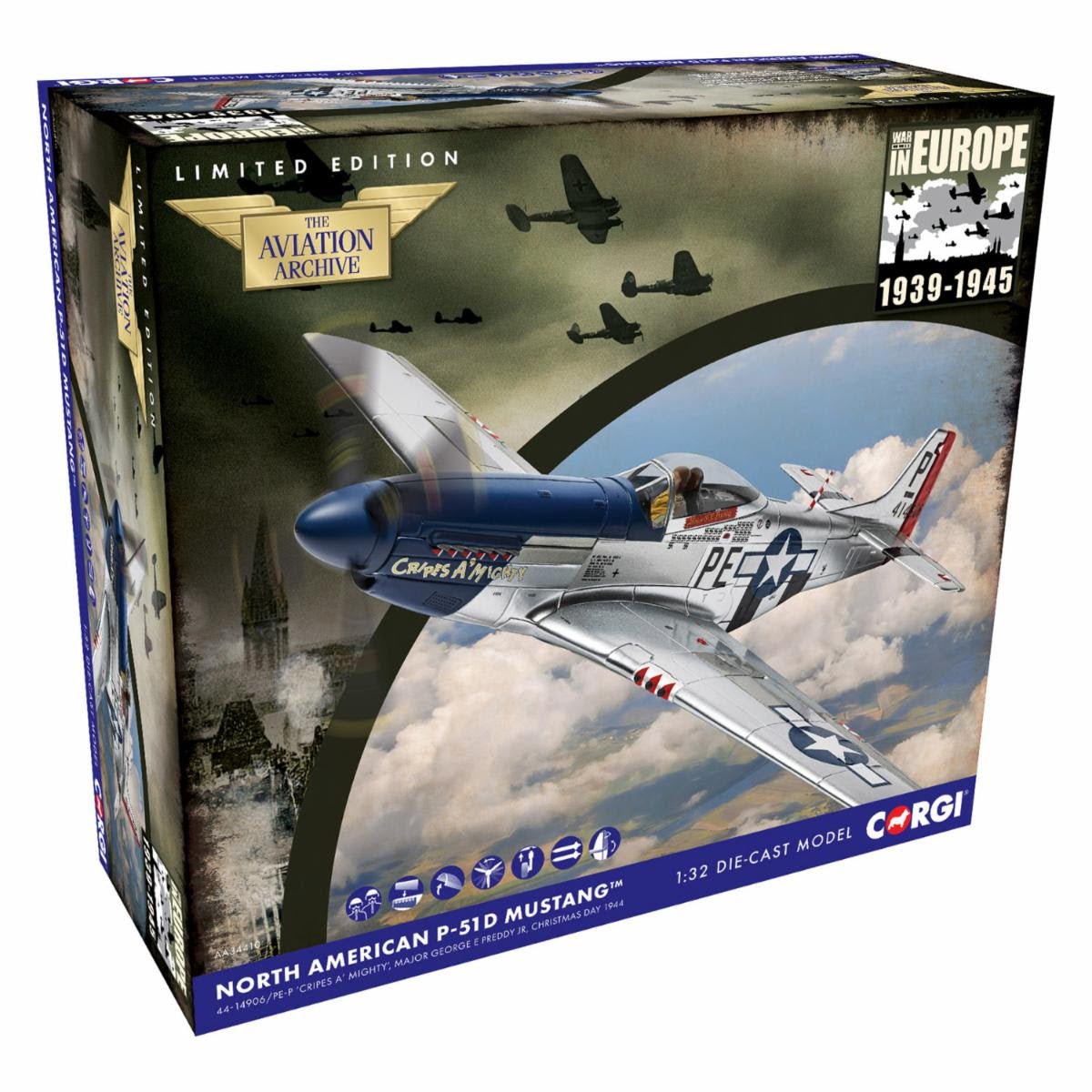Pre - Order Corgi AA34410 1:32 North American P - 51D Mustang, 'Cripes A'Mighty', George Preddy, 1944