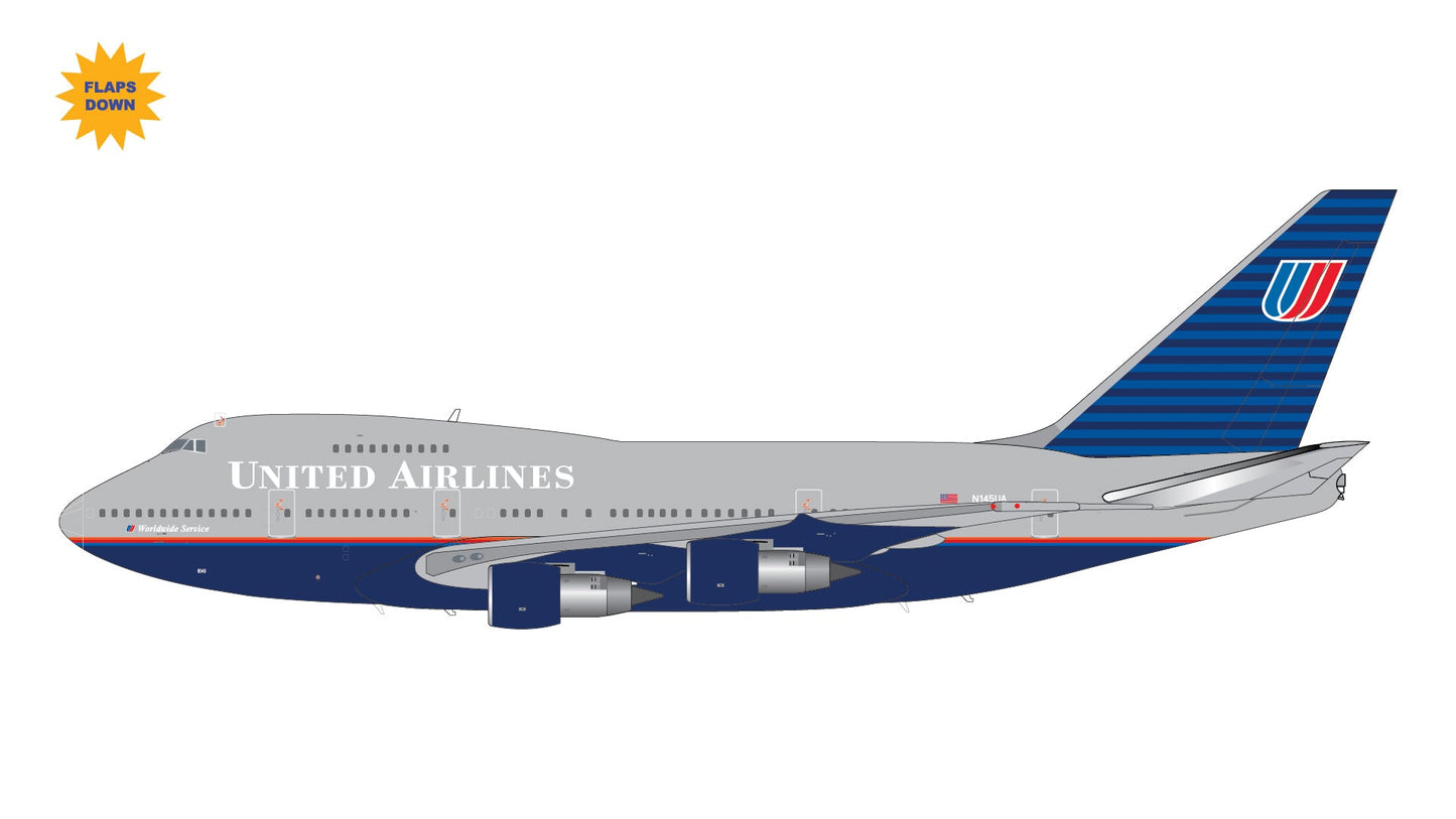 Pre - Order Gemini Jets G2UAL1160F 1:200 United Airlines B747SP N145UA (“battleship” livery w/ flaps down)