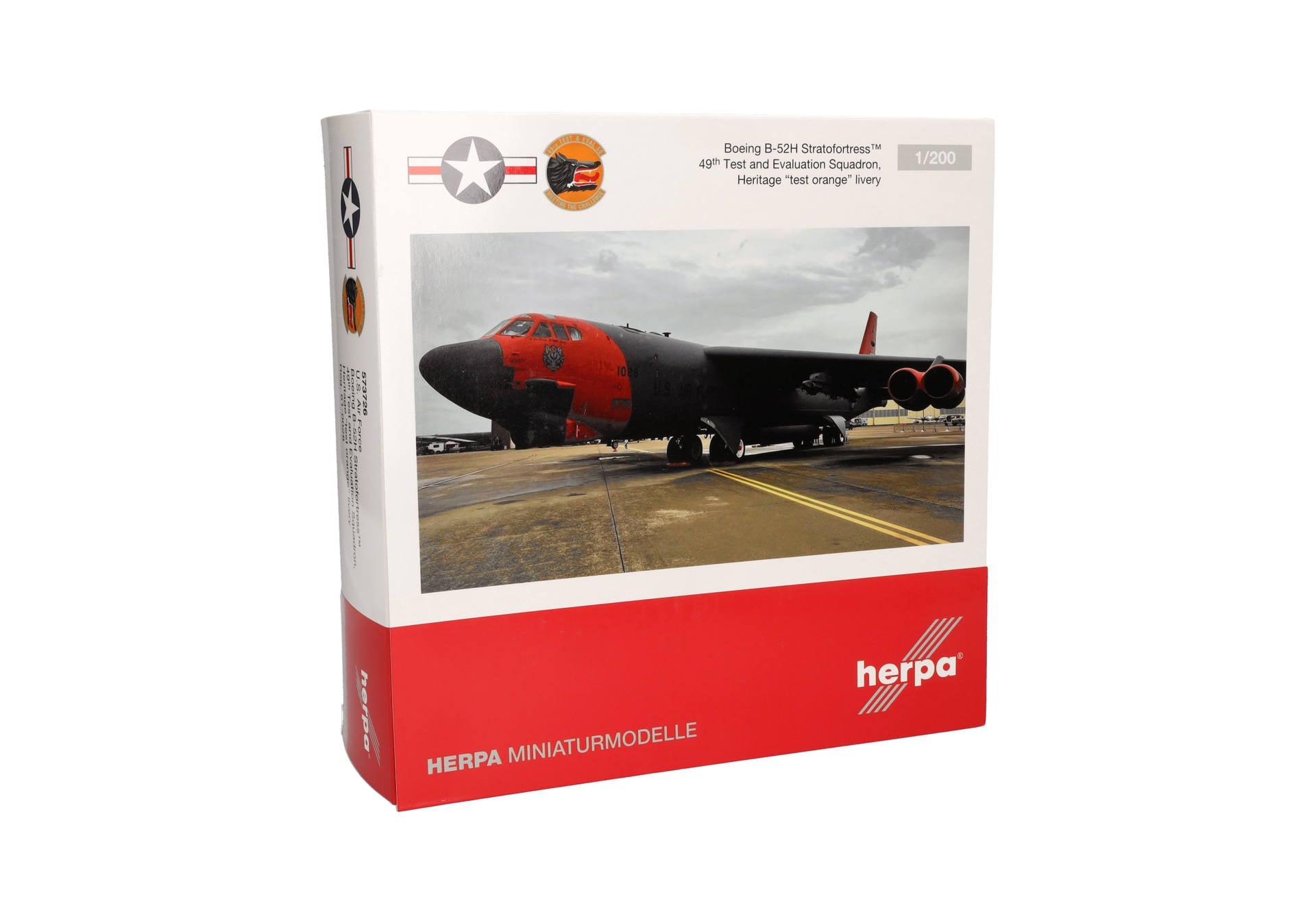 Pre - Order Herpa Wings 573726 1:200 U.S. Air Force Boeing B - 52H Stratofortress - 49th Test and Evaluation Sqn - "Test orange" livery