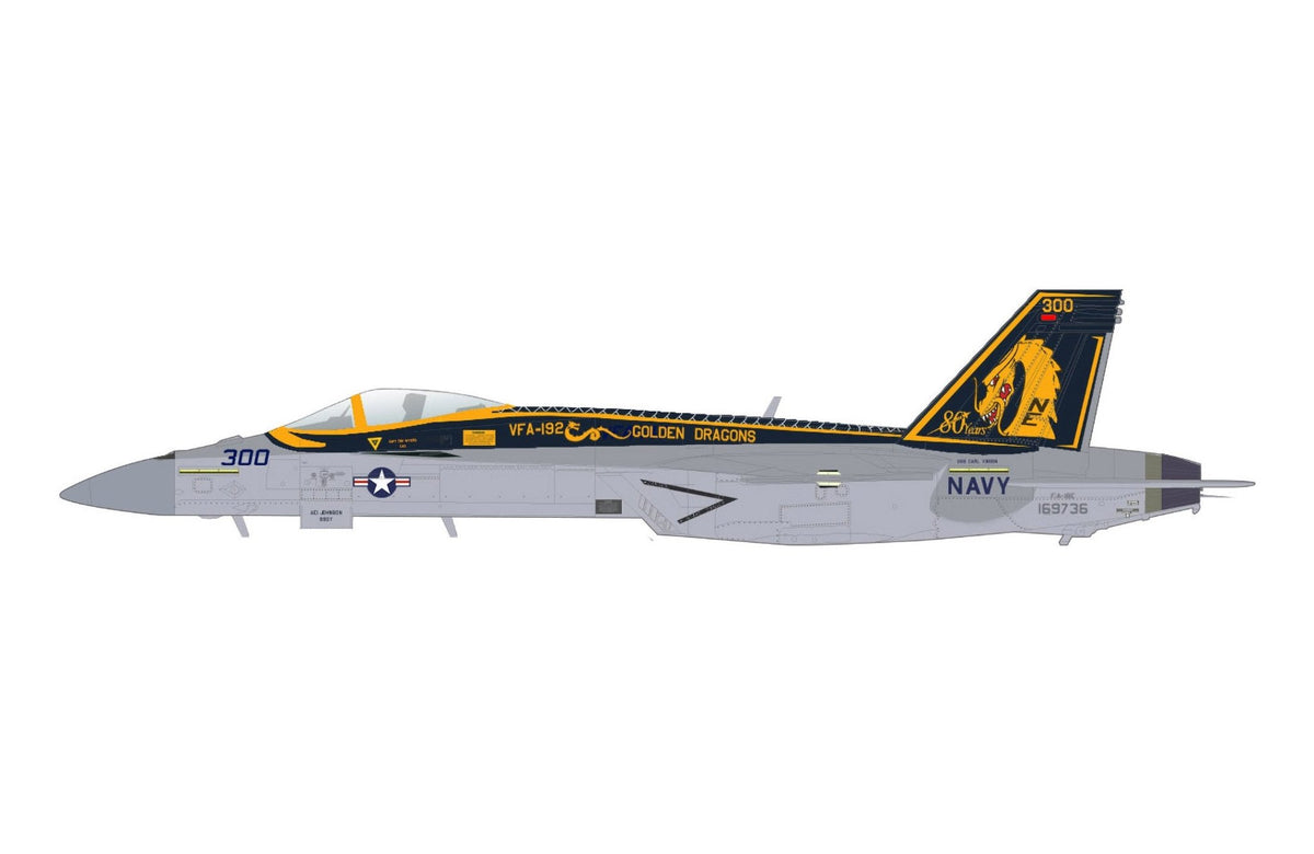 Pre-Order Hobby Master HA5199 1:72 F/A-18E "Golden Dragons" 169736, VFA-192, US Navy, June 2025 "VFA-192 80th Anniversary scheme" (w/4 x AIM-174 missiles)