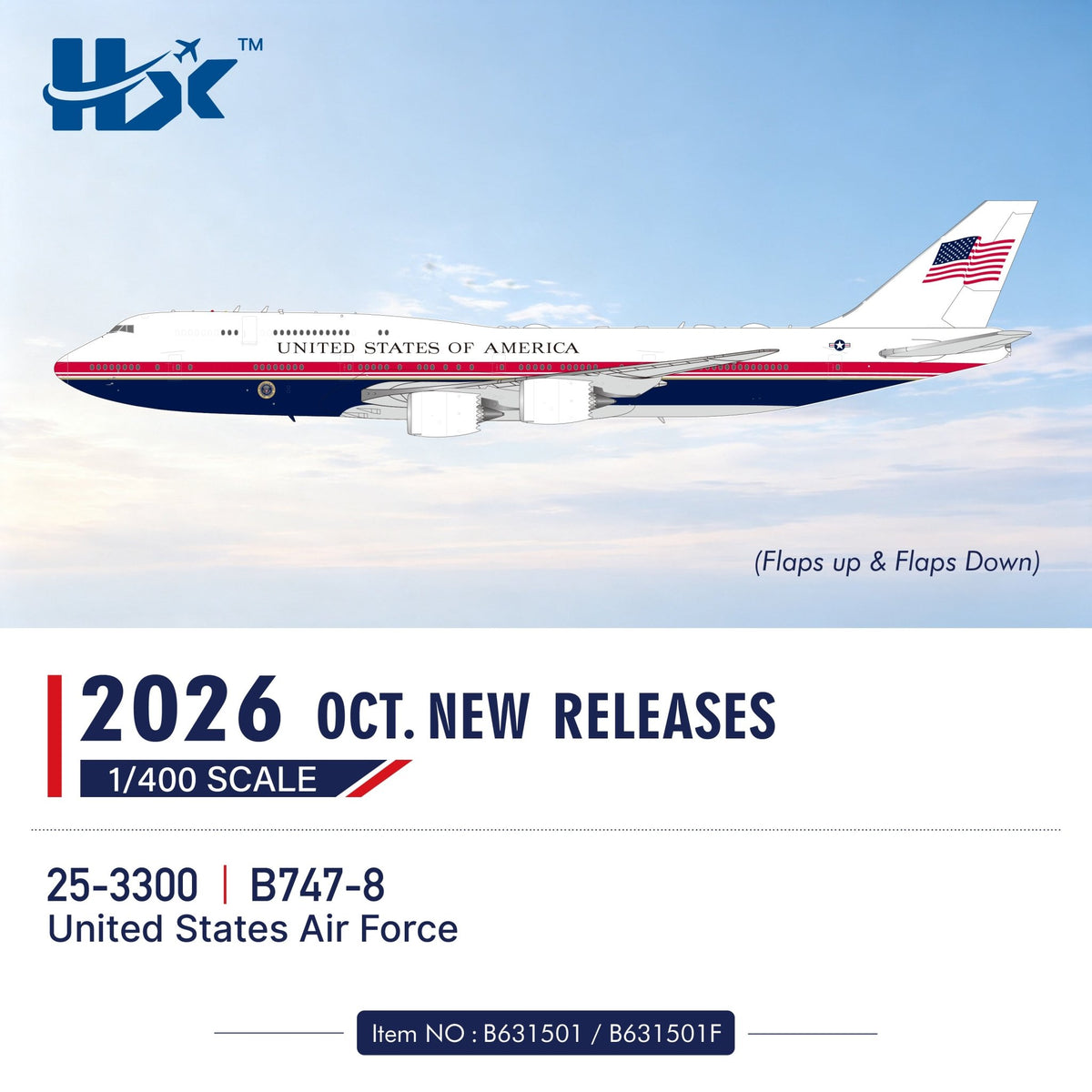 Pre-Order HX Models B631501F 1:400 U.S. Air Force B747-8 25-3300 "Flaps Down"