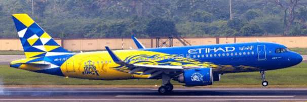 Pre - Order JC Wings XX20714 1:200 Etihad Airways Airbus A320NEO "Chennai Super Kings" Reg: A6 - EJB