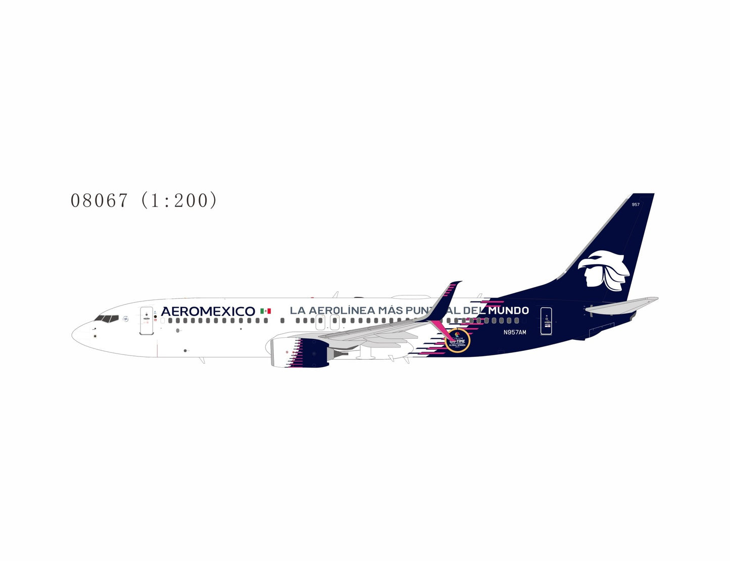 Pre-Order NG Models 8067 1:200 Aeromexico 737-800/w N957AM new paint with scimitar winglets; "La Aerolínea Más Puntual Del Mundo" titles