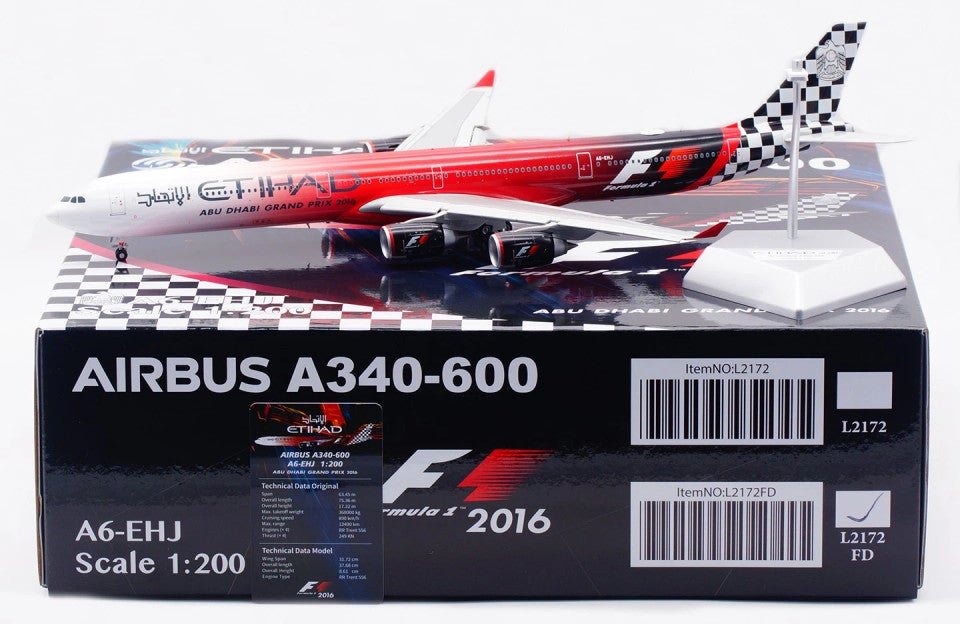 Pre - Order SQ Wings L2172FD 1:200 Etihad Airways Airbus A340 - 600 A6 - EHJ "ABU DHABI GRAND PRIX 2016" "Flaps Down"