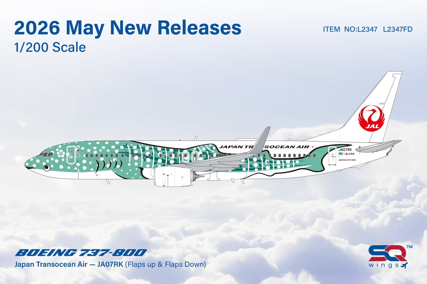 Pre - Order SQ Wings L2347FD 1:200 Japan Transocean Air B737 - 800 JA07RK Yui Jinbei/"Flaps Down"
