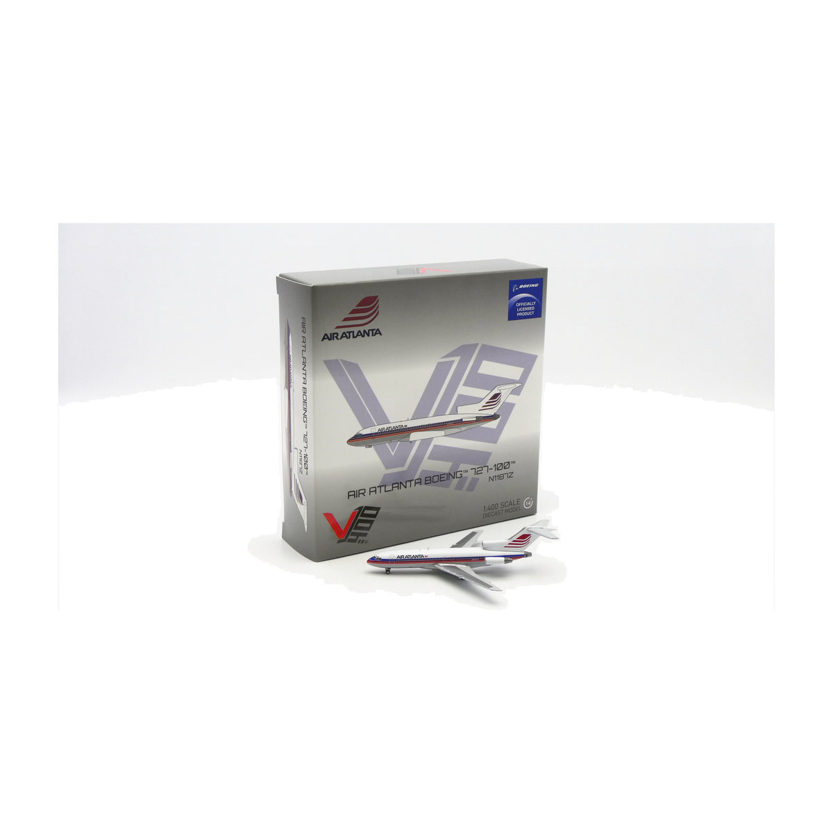 V1:400 1:400 scale Air Atlanta Boeing 727-100 N1187Z diecast model - packaging with the model