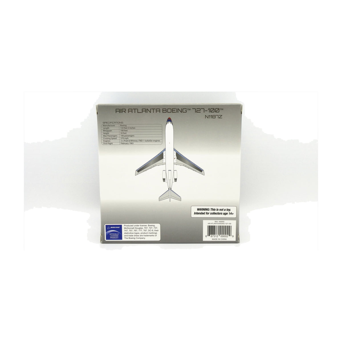 V1:400 1:400 scale Air Atlanta Boeing 727-100 N1187Z diecast model - packaging back with specifications