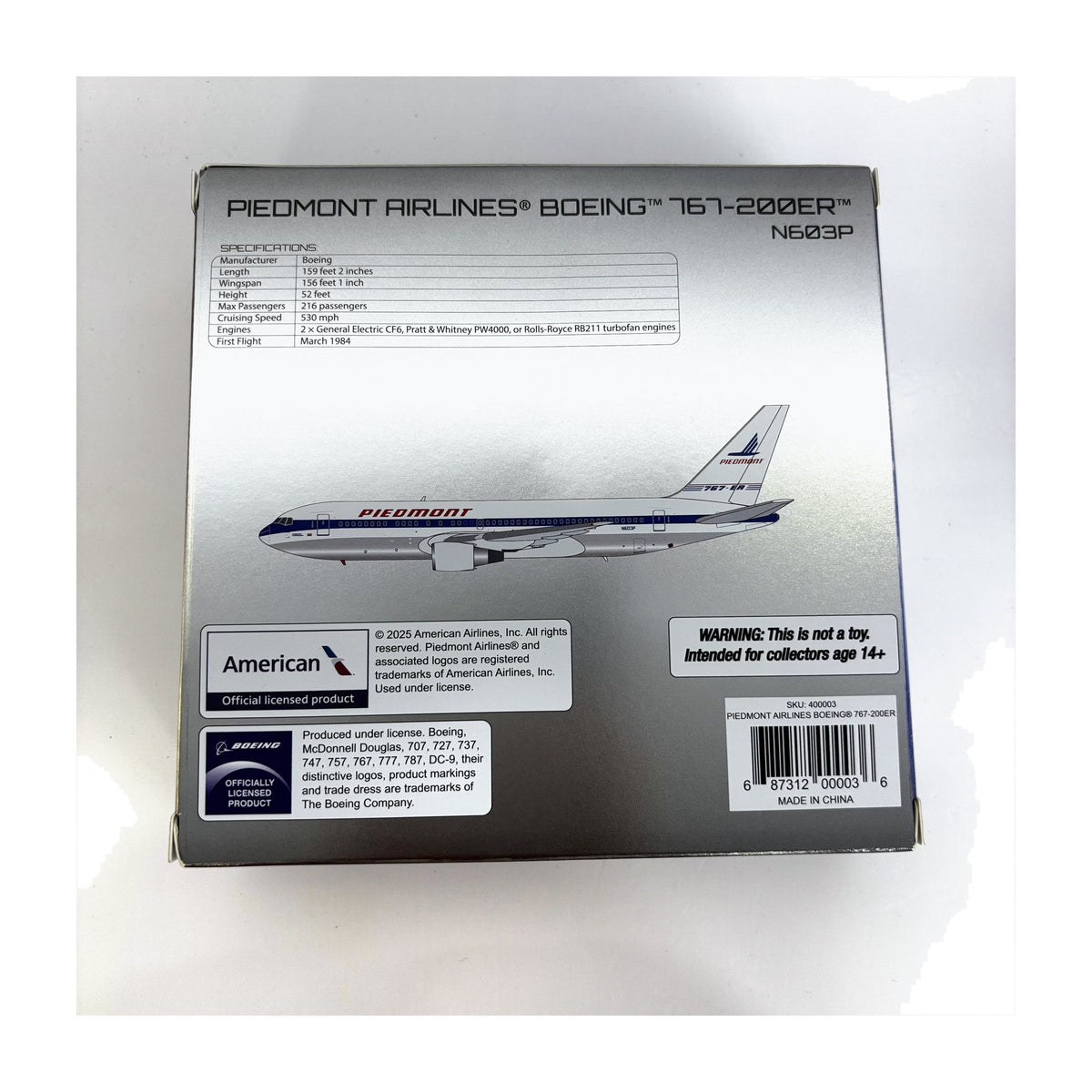 V1:400 1:400 scale Piedmont Airlines Boeing 767-200ER N603P diecast model - packaging back with specifications