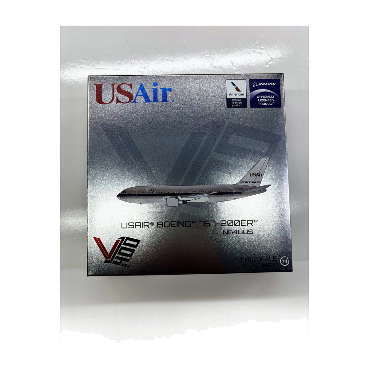V1:400 1:400 scale USAir Boeing 767-200ER Piedmont Hybrid N648US diecast model - packaging front