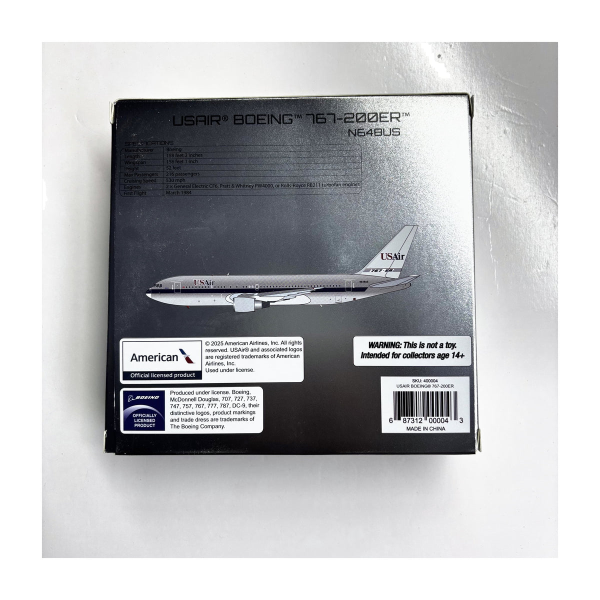 V1:400 1:400 scale USAir Boeing 767-200ER Piedmont Hybrid N648US diecast model - packaging back with specifications