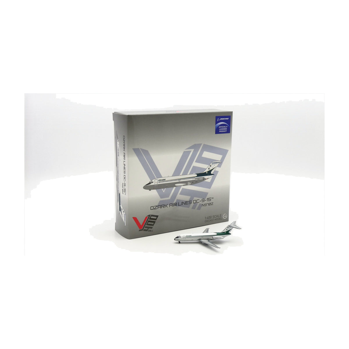 V1:400 1:400 scale Ozark Air Lines DC-9-15 N970Z diecast model - packaging with the model