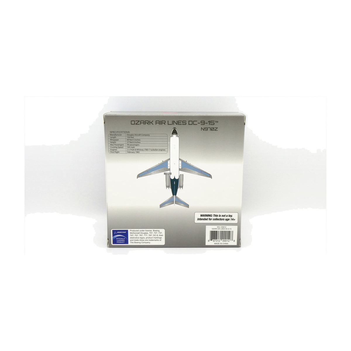 V1:400 1:400 scale Ozark Air Lines DC-9-15 N970Z diecast model - packaging back with specifications