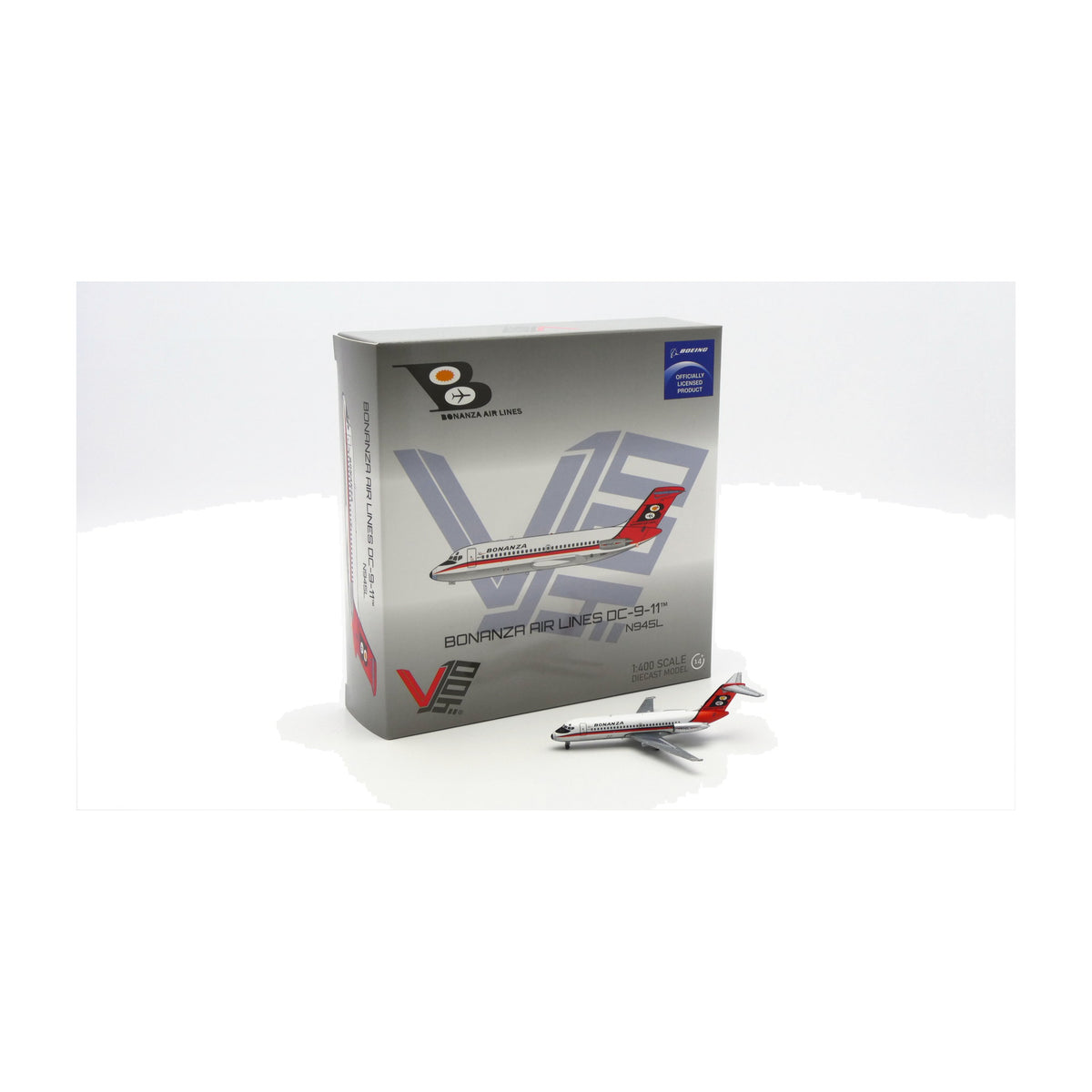 V1:400 1:400 scale Bonanza Air Lines DC-9-11 N945L diecast model - packaging with the model