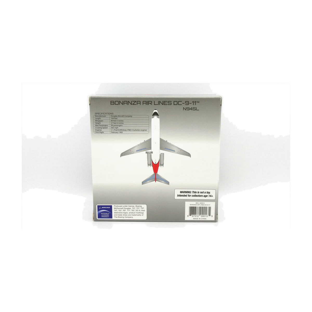 V1:400 1:400 scale Bonanza Air Lines DC-9-11 N945L diecast model - packaging back with specifications