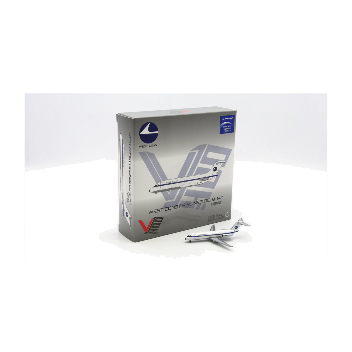 V1:400 1:400 scale West Coast Airlines DC-9-14 N9102 diecast model - packaging with the model