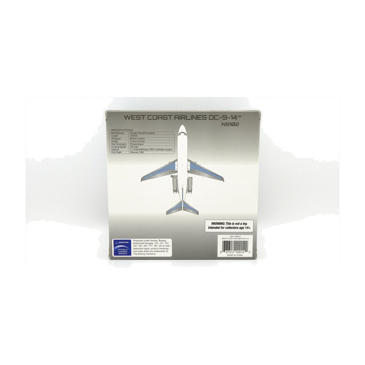 V1:400 1:400 scale West Coast Airlines DC-9-14 N9102 diecast model - packaging back with specifications