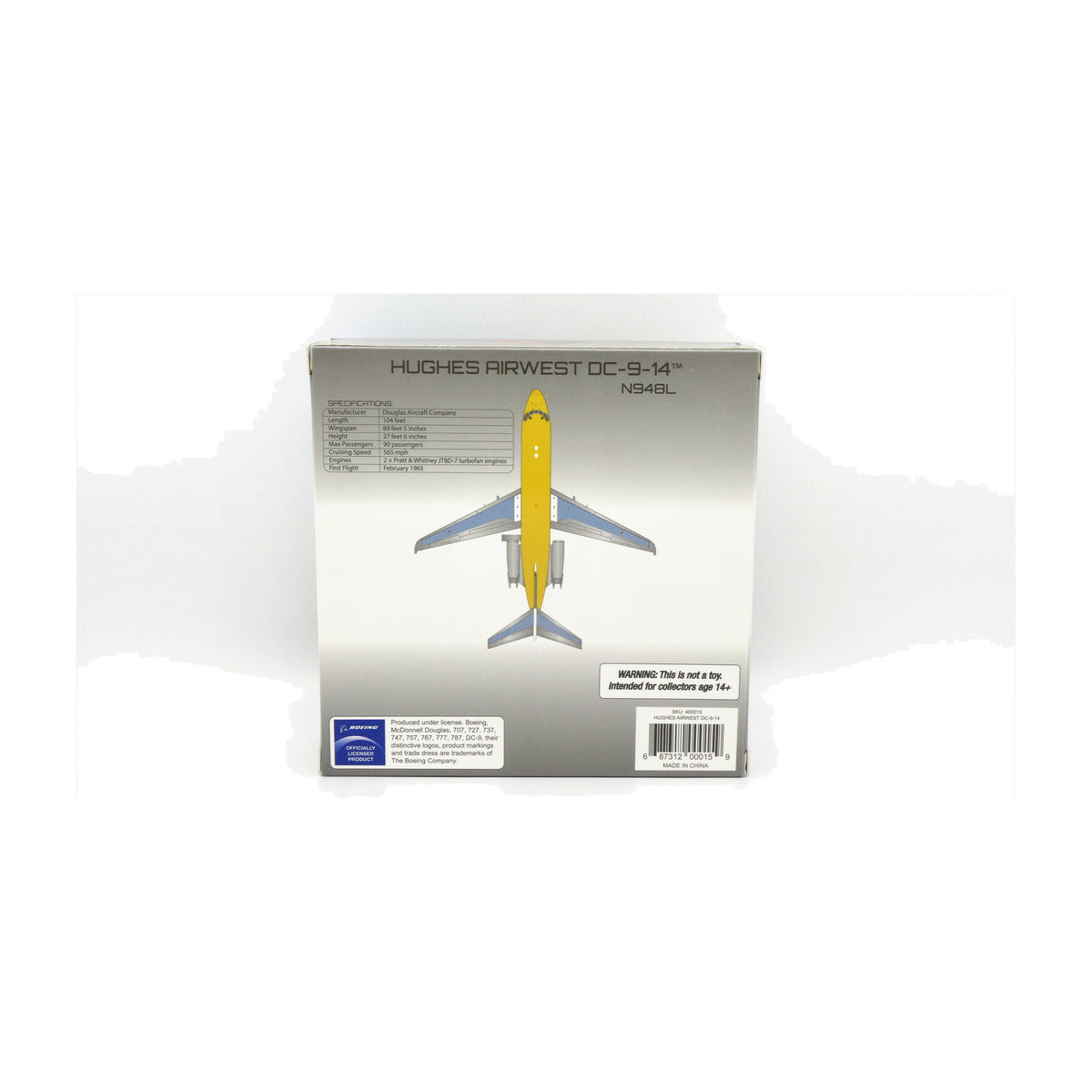 V1:400 1:400 scale Hughes Airwest DC-9-14 N948L diecast model - packaging back with specifications