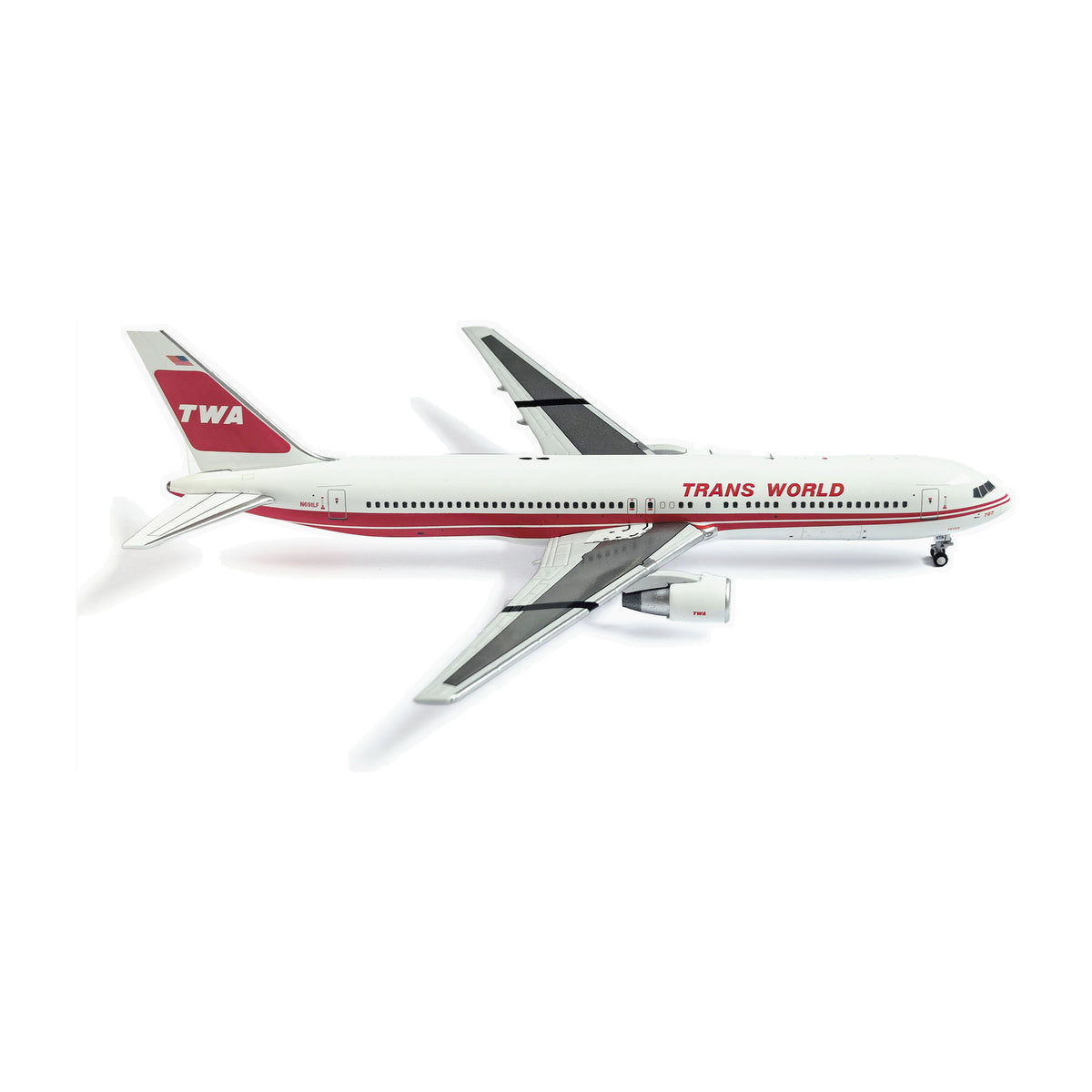 V1:400 1:400 scale Trans World Airlines Boeing 767-300 N691LF diecast model - front three-quarter view