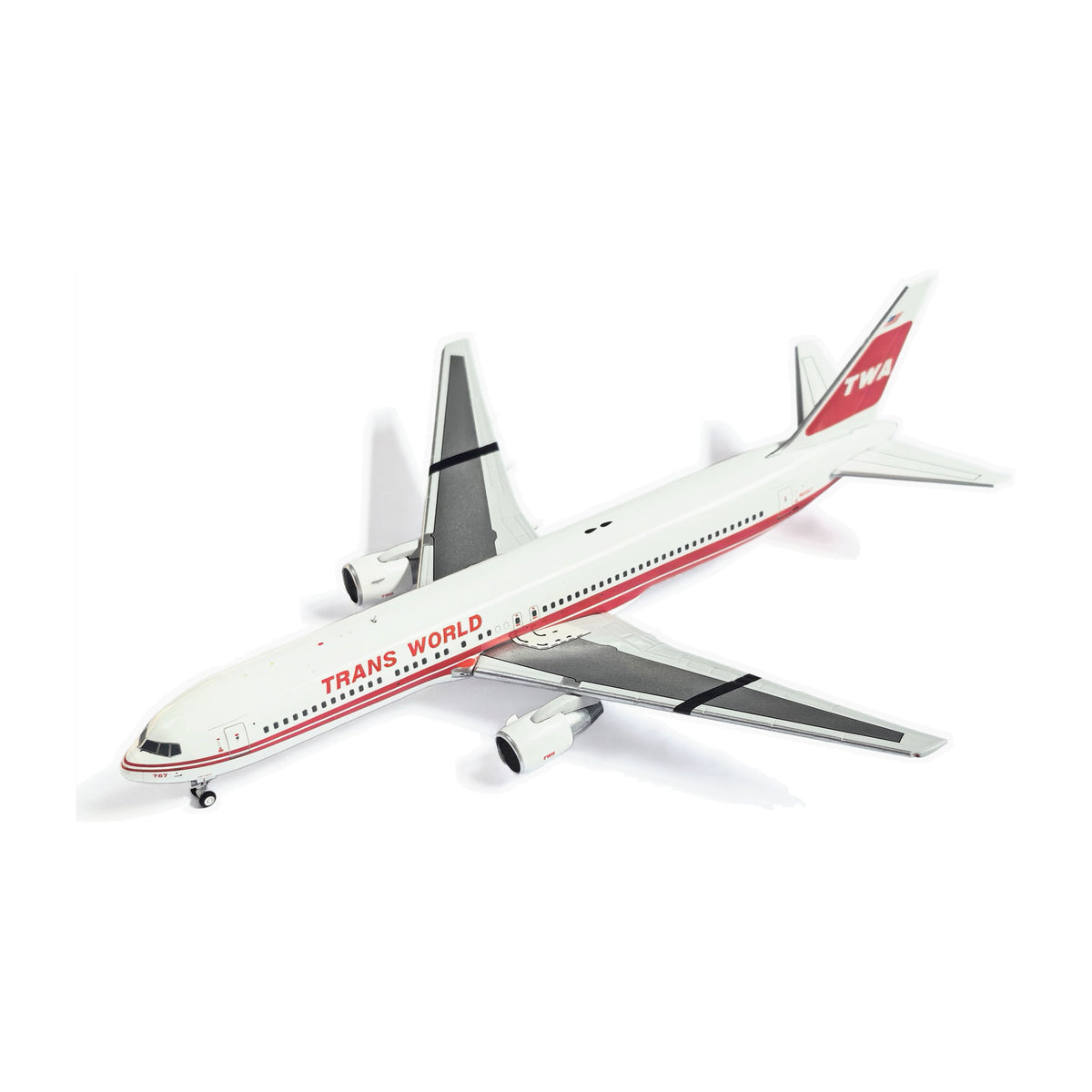 V1:400 1:400 scale Trans World Airlines Boeing 767-300 N691LF diecast model - nose three-quarter view