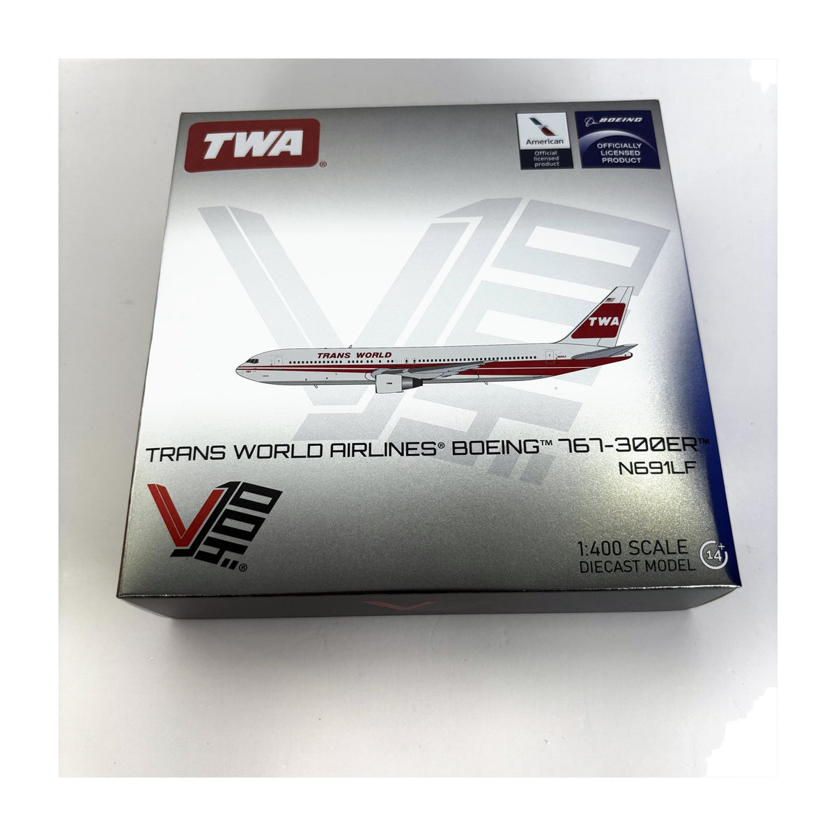 V1:400 1:400 scale Trans World Airlines Boeing 767-300 N691LF diecast model - packaging front
