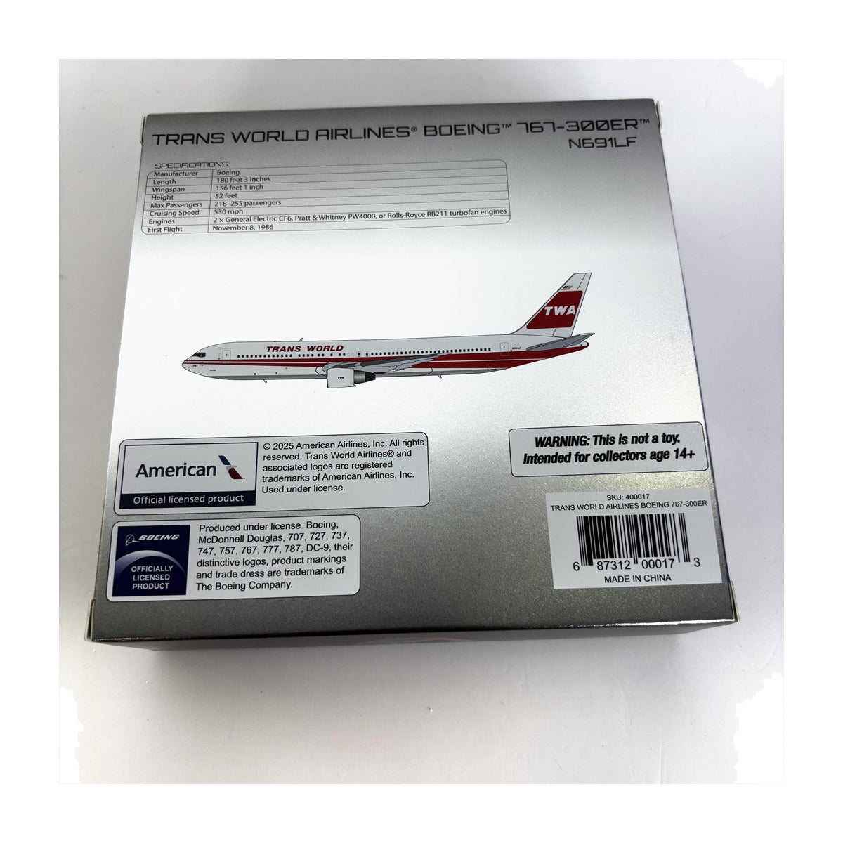 V1:400 1:400 scale Trans World Airlines Boeing 767-300 N691LF diecast model - packaging back with specifications