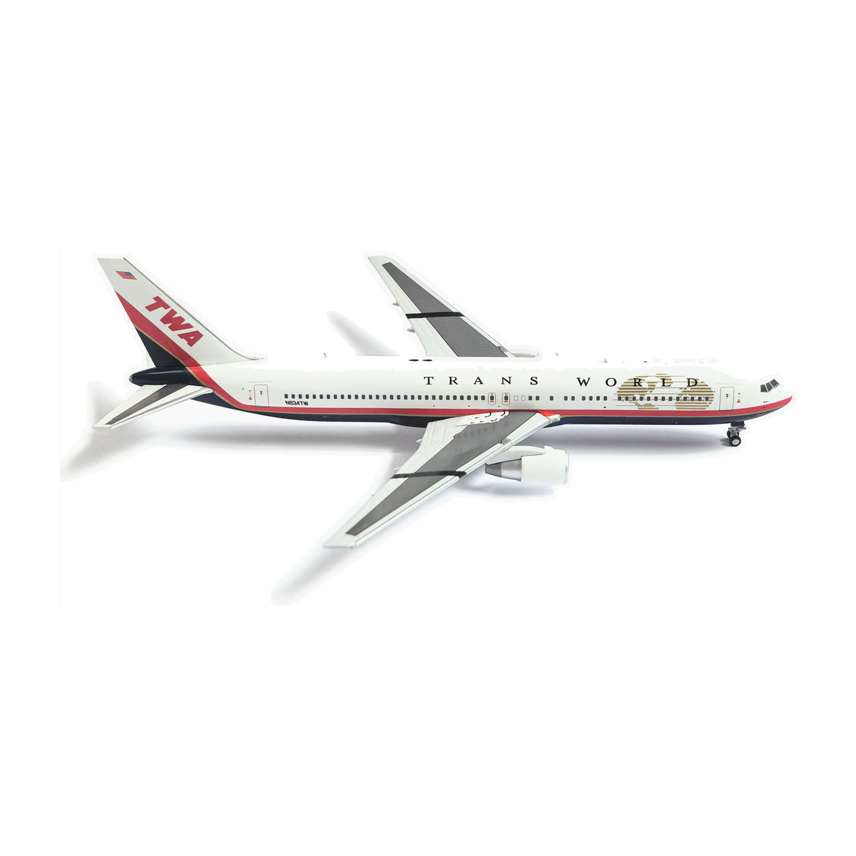 V1:400 1:400 scale Trans World Airlines Boeing 767-300 Globe Scheme N634TW diecast model - right side profile