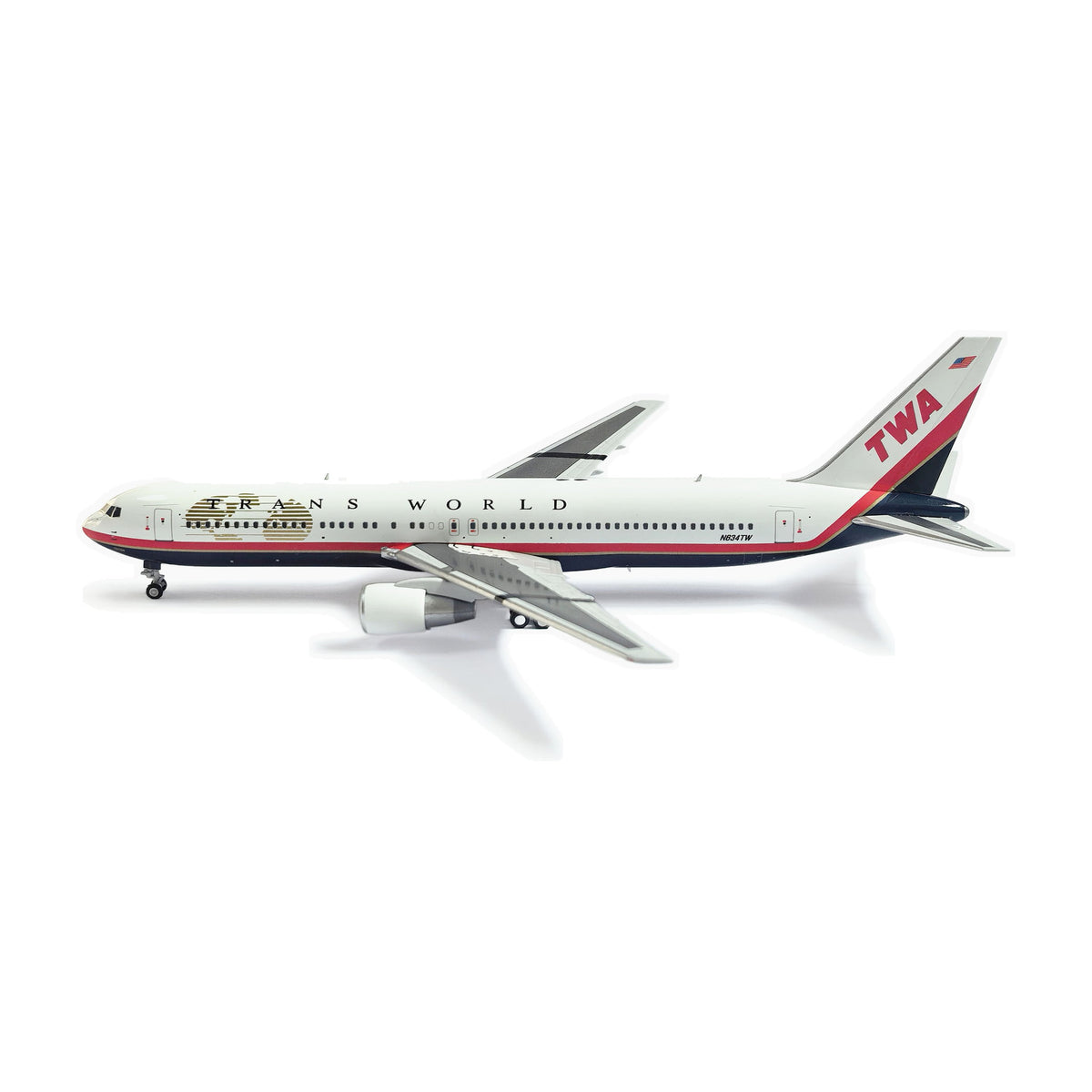 V1:400 1:400 scale Trans World Airlines Boeing 767-300 Globe Scheme N634TW diecast model - left side profile