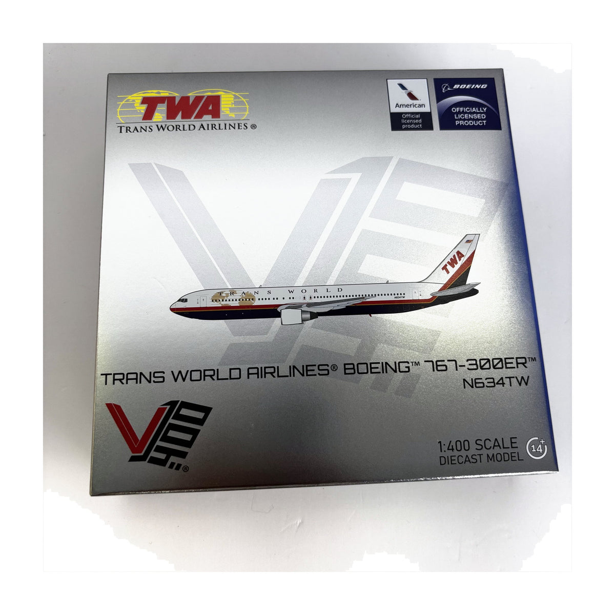 V1:400 1:400 scale Trans World Airlines Boeing 767-300 Globe Scheme N634TW diecast model - packaging front