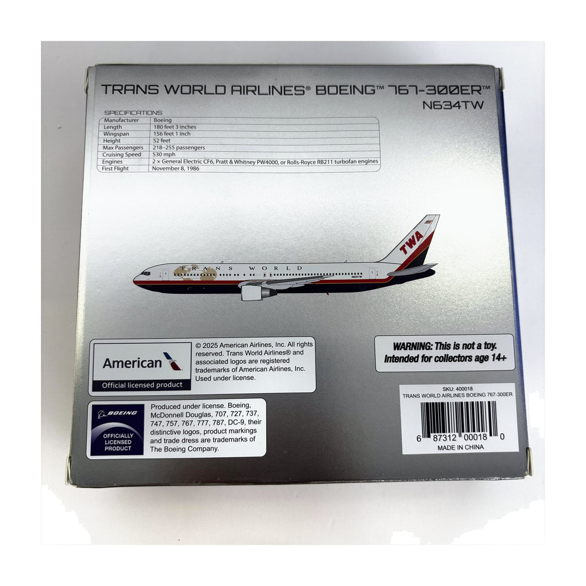 V1:400 1:400 scale Trans World Airlines Boeing 767-300 Globe Scheme N634TW diecast model - packaging back with specifications