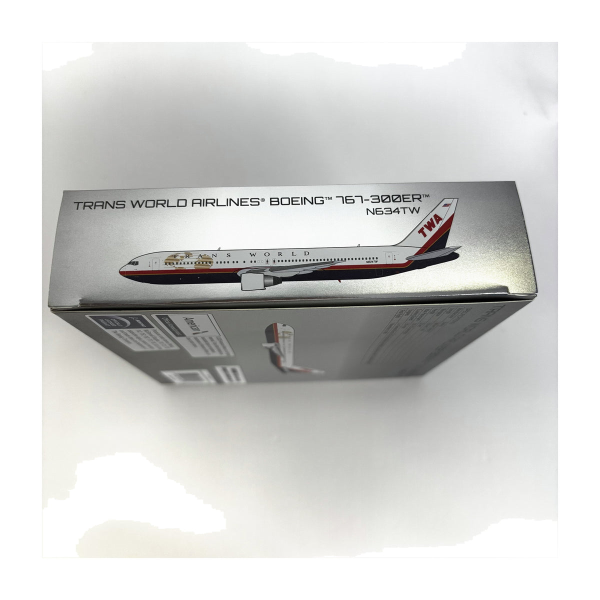 V1:400 1:400 scale Trans World Airlines Boeing 767-300 Globe Scheme N634TW diecast model - packaging side panel